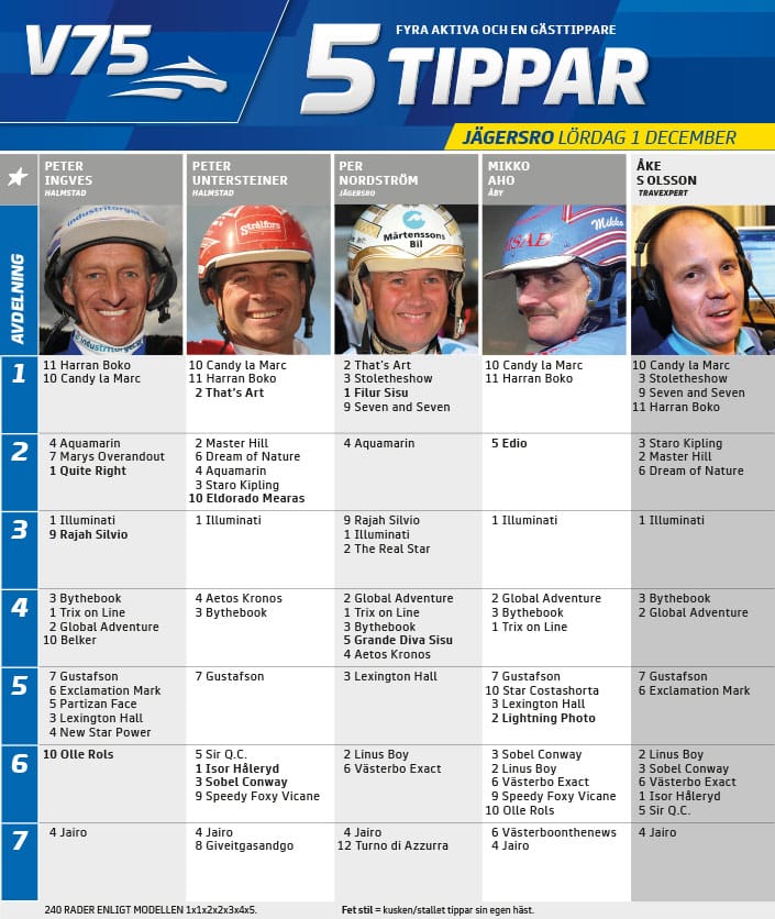 Fem tippar V75 till Jägersro 1 december 2018