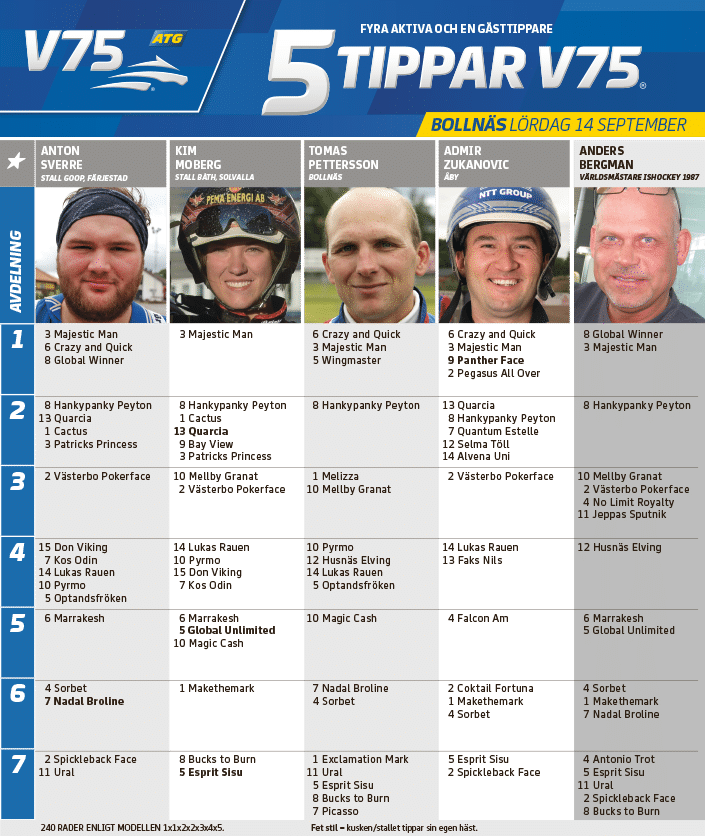 Fem tippar V75 till BollnÃ¤s LÃ¶rdag 14 september 2019