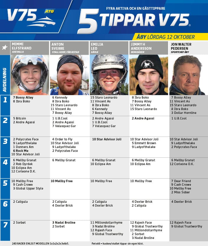 Fem tippar V75 till Åby lördag 12 oktober 2019