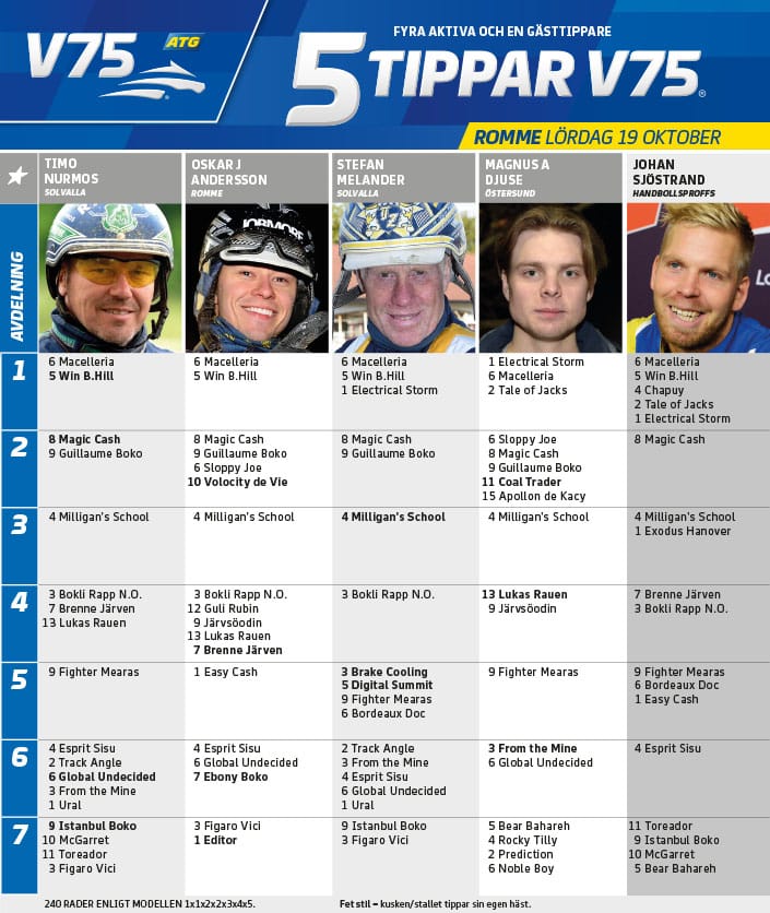 Fem tippar V75 till Romme lördag 19 oktober 2019