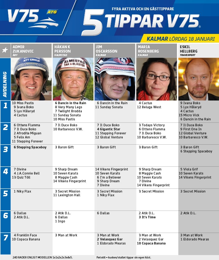 Fem tippar V75 till Kalmar 18 januari 2020