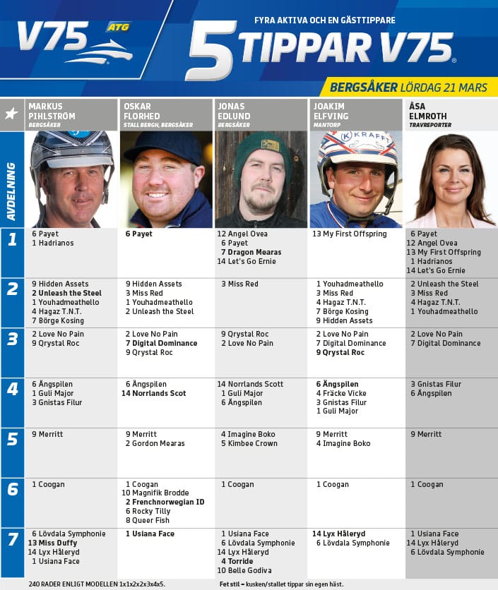 Fem tippar V75 till Bergsåker 21 mars 2020