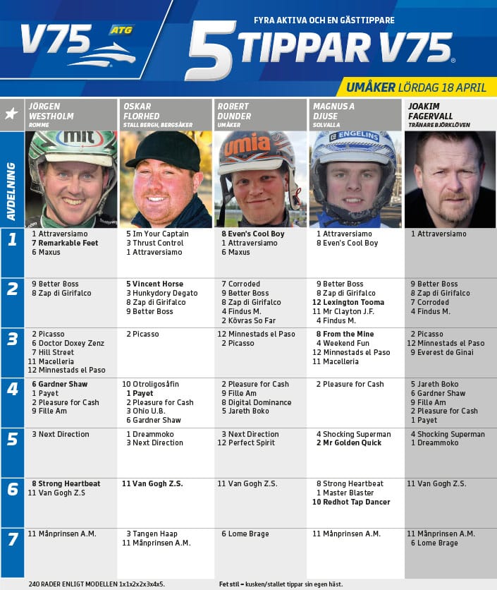 Fem tippar V75 till Umåker 18 april 2020