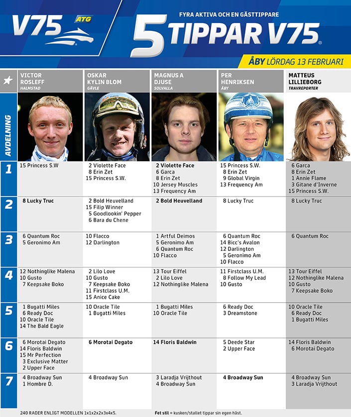 Fem tippar V75 till ÅBY 13 februari 2021