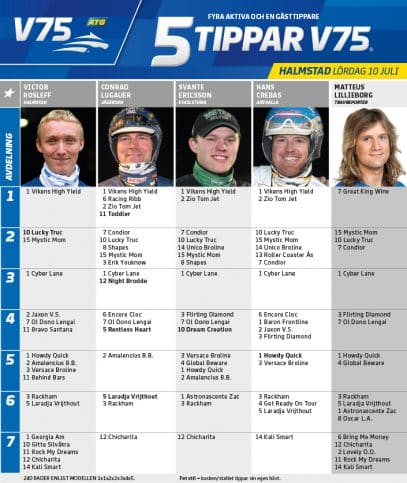 Fem tippar V75 till Halmstad 10 juli 2021