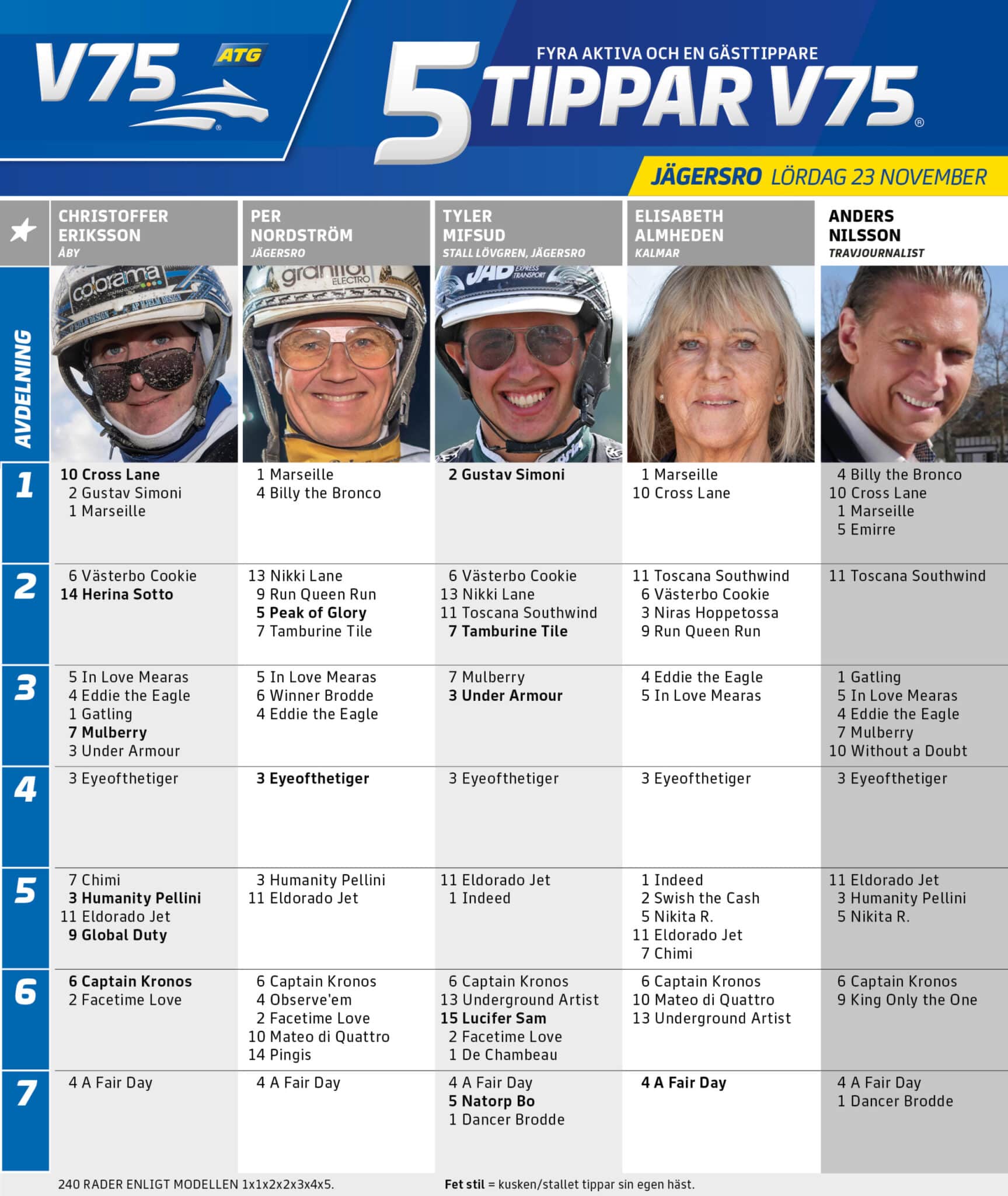Fem tippar V75 till Jägersro 23 november 2024