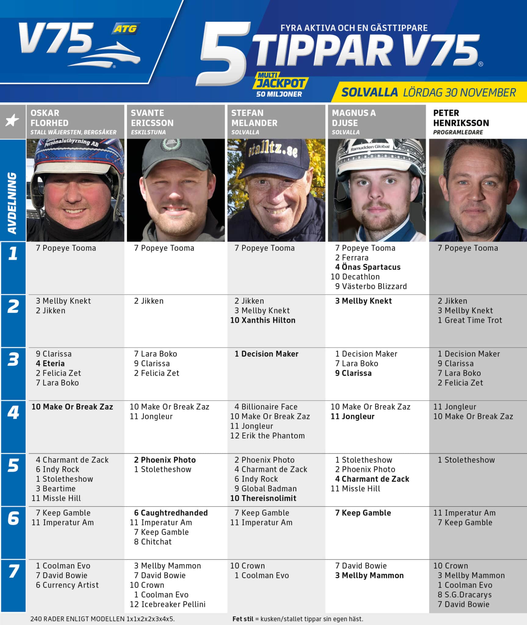 Fem tippar V75 till Solvalla 30 november 2024