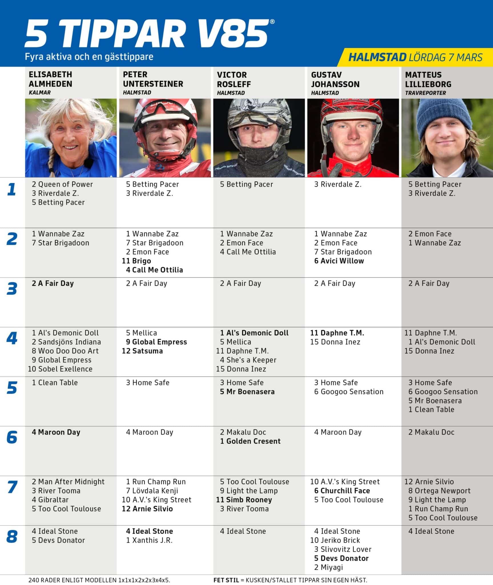 Fem tippar V85 till HALMSTAD 7 mars 2026