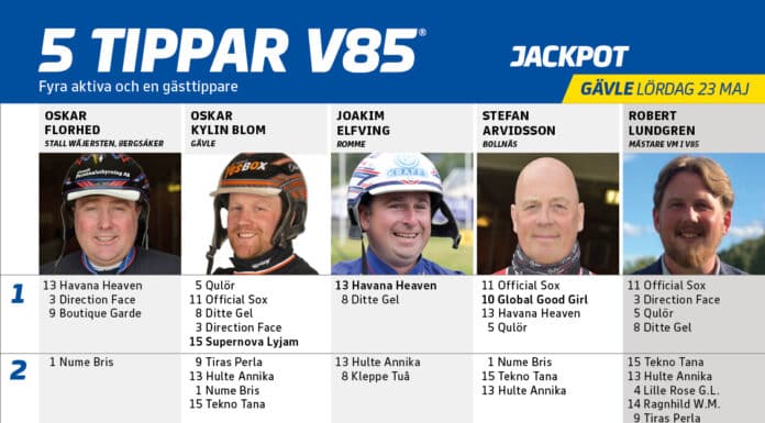 Fem tippar V85 till GÄVLE 23 maj 2026 fem tippar v85 v21