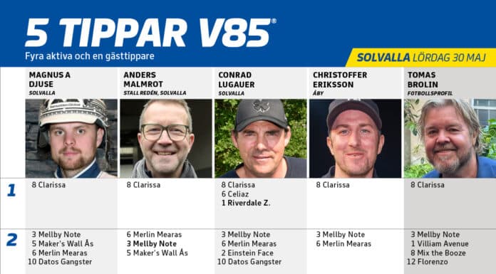Fem tippar V85 till SOLVALLA 30 maj 2026 fem tippar v85 v22