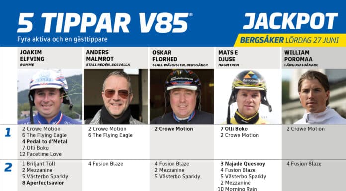 Fem tippar V85 till BERGSÅKER 27 juni 2026 Fem tippar V85 till BERGSÅKER 27 juni 2026