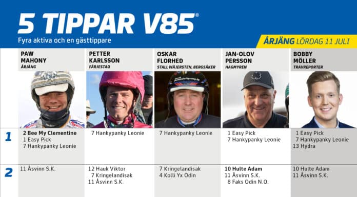 Fem tippar V85 till ÅRJÄNG 11 juli 2026 Fem tippar V85 till ÅRJÄNG 11 juli 2026