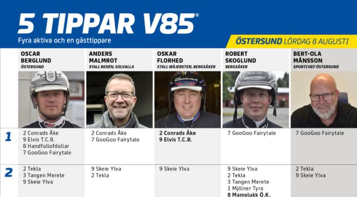 Fem tippar V85 till ÖSTERSUND 8 augusti 2026 Fem tippar V85 till ÖSTERSUND 8 augusti 2026
