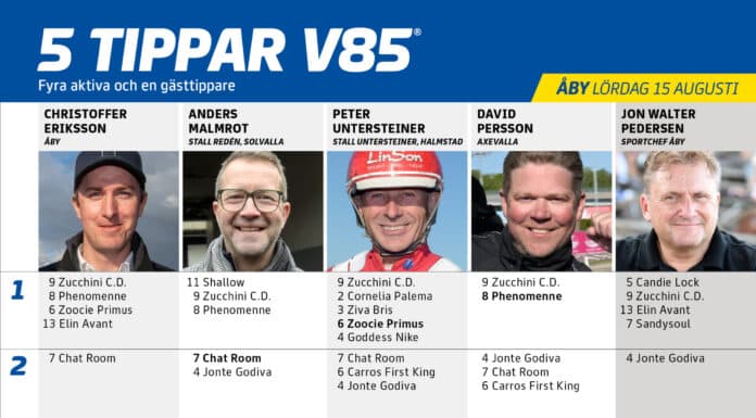 Fem tippar V85 till ÅBY 15 augusti 2026 Fem tippar V85 till ÅBY 15 augusti 2026